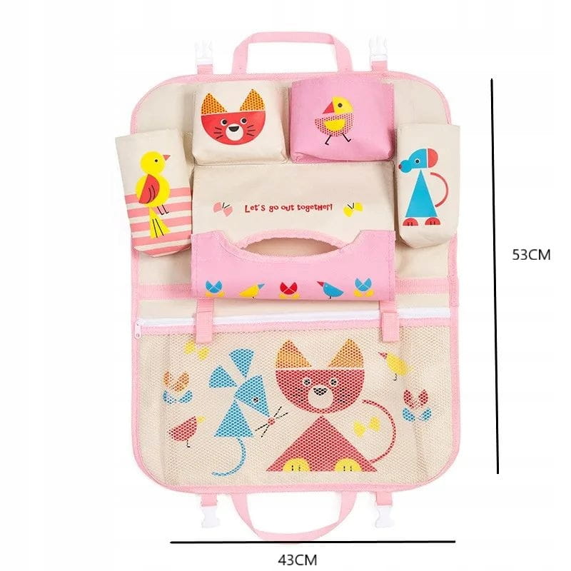 Automašīnas sēdekļa organizators, planšetdators, krūze, salvetes, piens, bērni