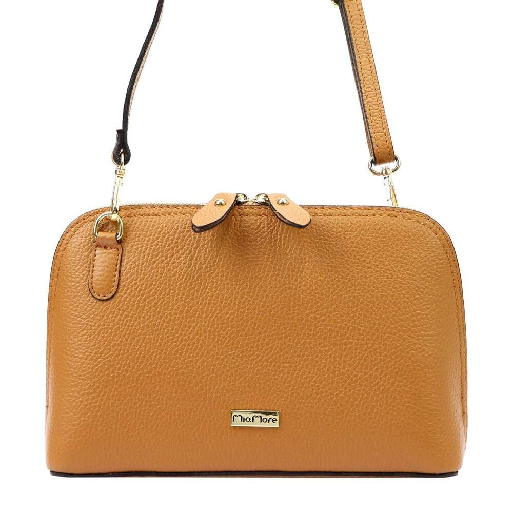 Moteriška odinė rankinė MiaMore 01-043, camel, su auksinės spalvos detalėmis