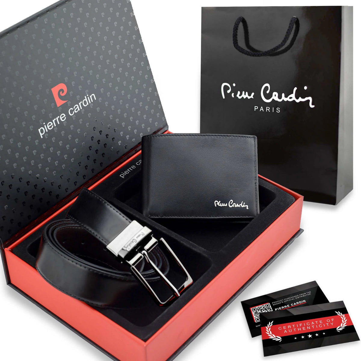 Vīriešu komplekts „Pierre Cardin”: ādas maks un divpusēja josta, melna/brūna 75T8806BR