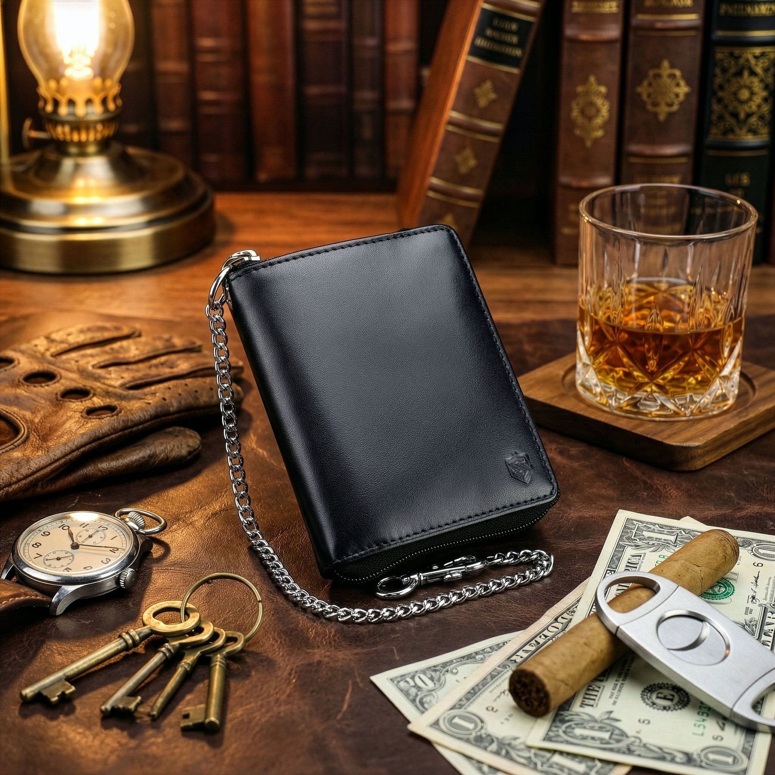 Vīriešu ādas maks ar rāvējslēdzēju un ķēdīti Stevens S160