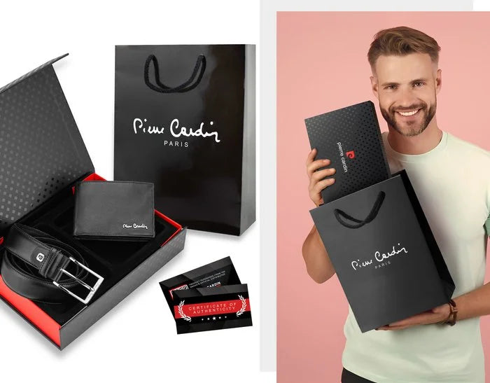 Vīriešu maks un josta Pierre Cardin kastītē, melna, īsta āda
