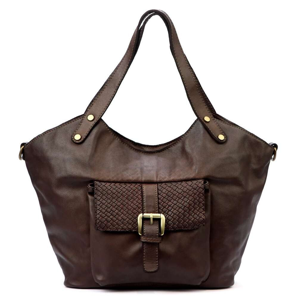 Moteriška odinė shopper tipo rankinė VS016, tamsiai ruda, talpina A4