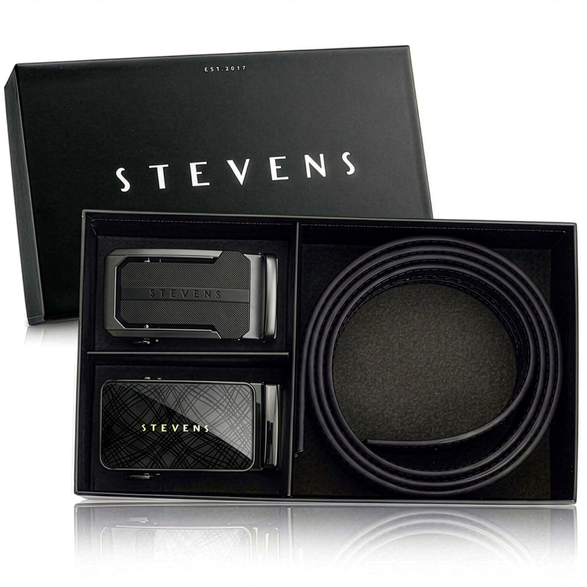 Vyriškas odinis automatinis diržas STEVENS, juodas, 2 viename rinkinys D39737