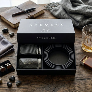 Vyriškas odinis automatinis diržas STEVENS, juodas, dovanų rinkinys 2 viename D39750