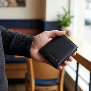Maža plona vyriška odinė piniginė su RFID STEVENS, juoda D40033