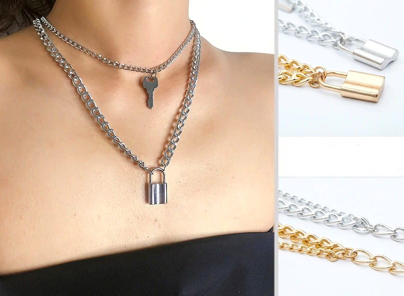 Gara ķēdītes kaklarota ar slēdzeni un atslēgu (zelta/sudraba)
