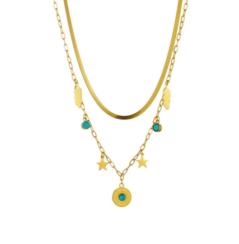 Zelta dubultā kaklarota ar kuloniem, ķirurģiskais tērauds