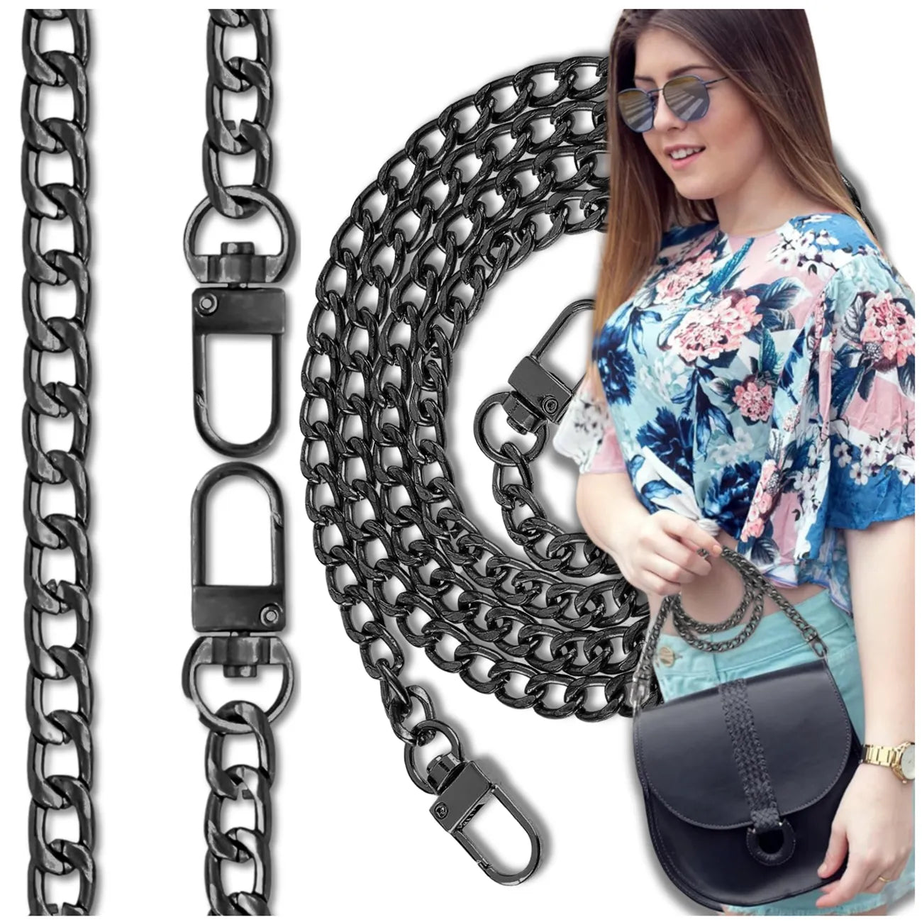 Ilgas metalinis grandinėlės dirželis rankinei, juodas D14