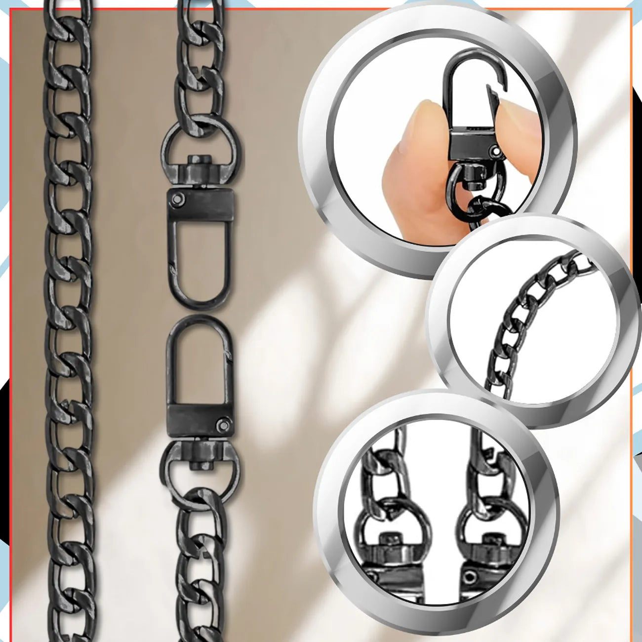 Ilgas metalinis grandinėlės dirželis rankinei, juodas D14