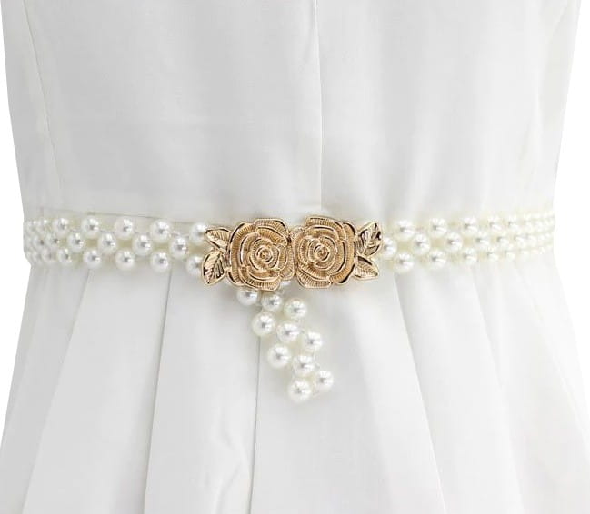 Siauras baltas elastingas perlinis diržas D12