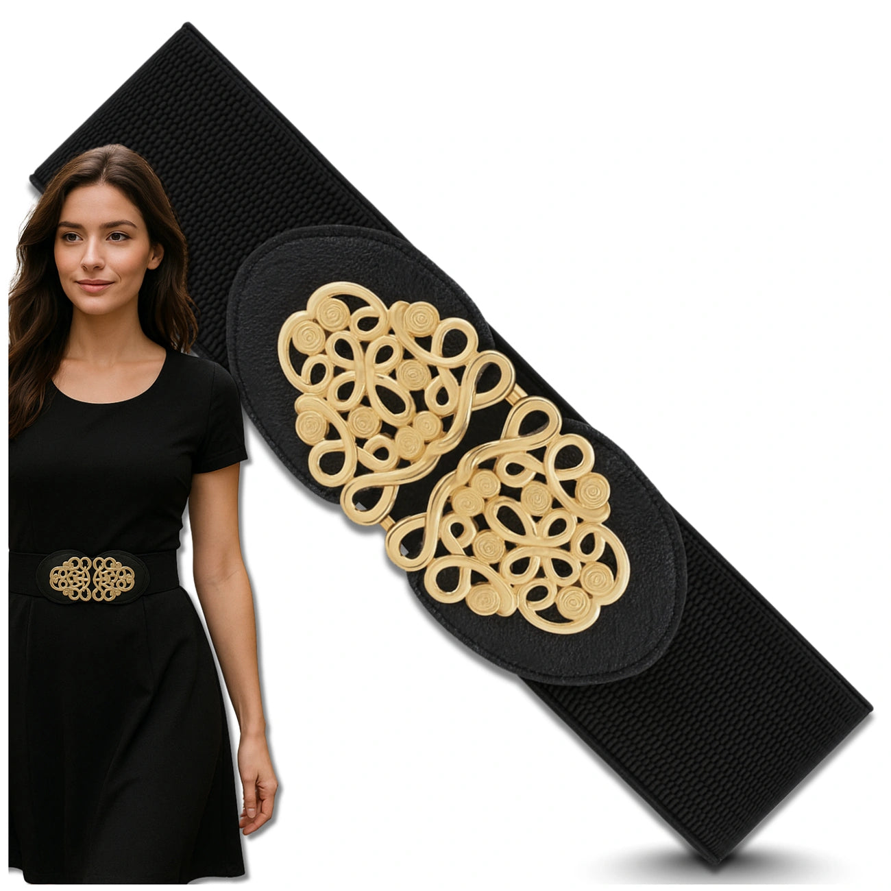 Moteriškas elastingas diržas juodas 6 cm, auksinė sagtis D13