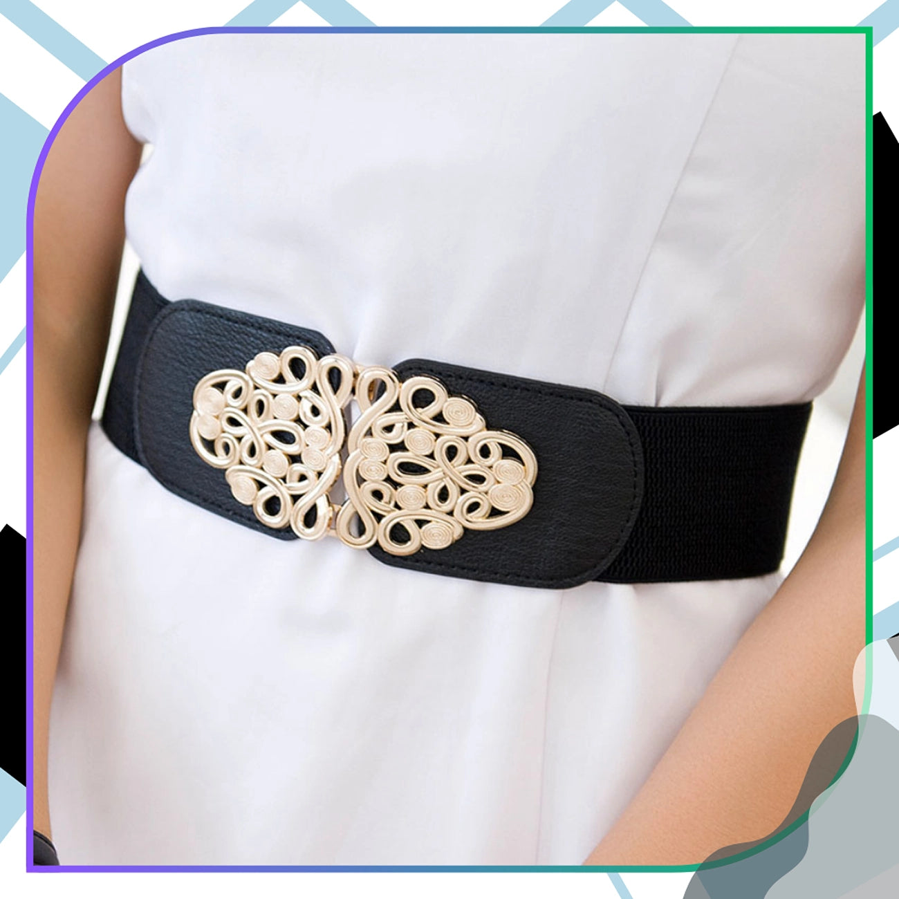 Moteriškas elastingas diržas juodas 6 cm, auksinė sagtis D13