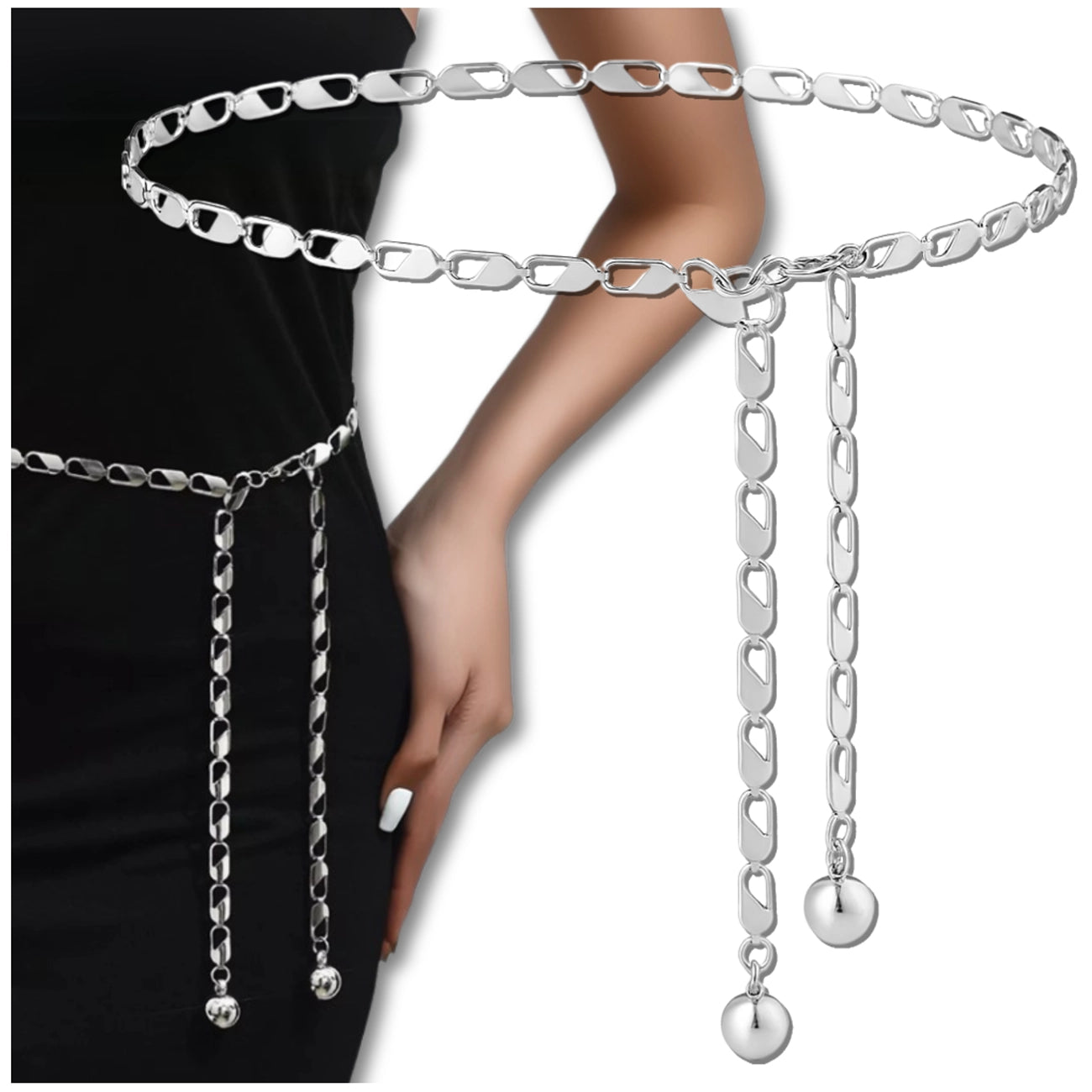 Sidabrinis metalinis grandinėlės diržas suknelėms D23