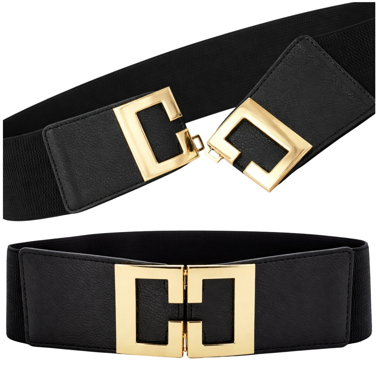 Platus elastingas diržas suknelėms, juodas–auksinis D5