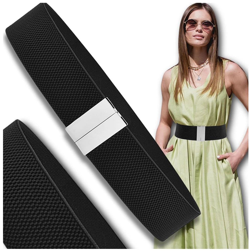 Elastingas juodas moteriškas diržas su sidabrine sagtimi D18