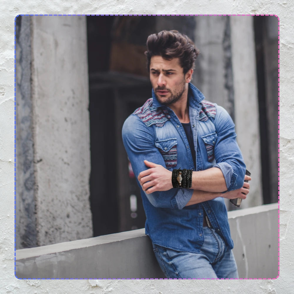 Vīriešu ādas rokassprādzes komplekts ar pērlītēm (jaukts)