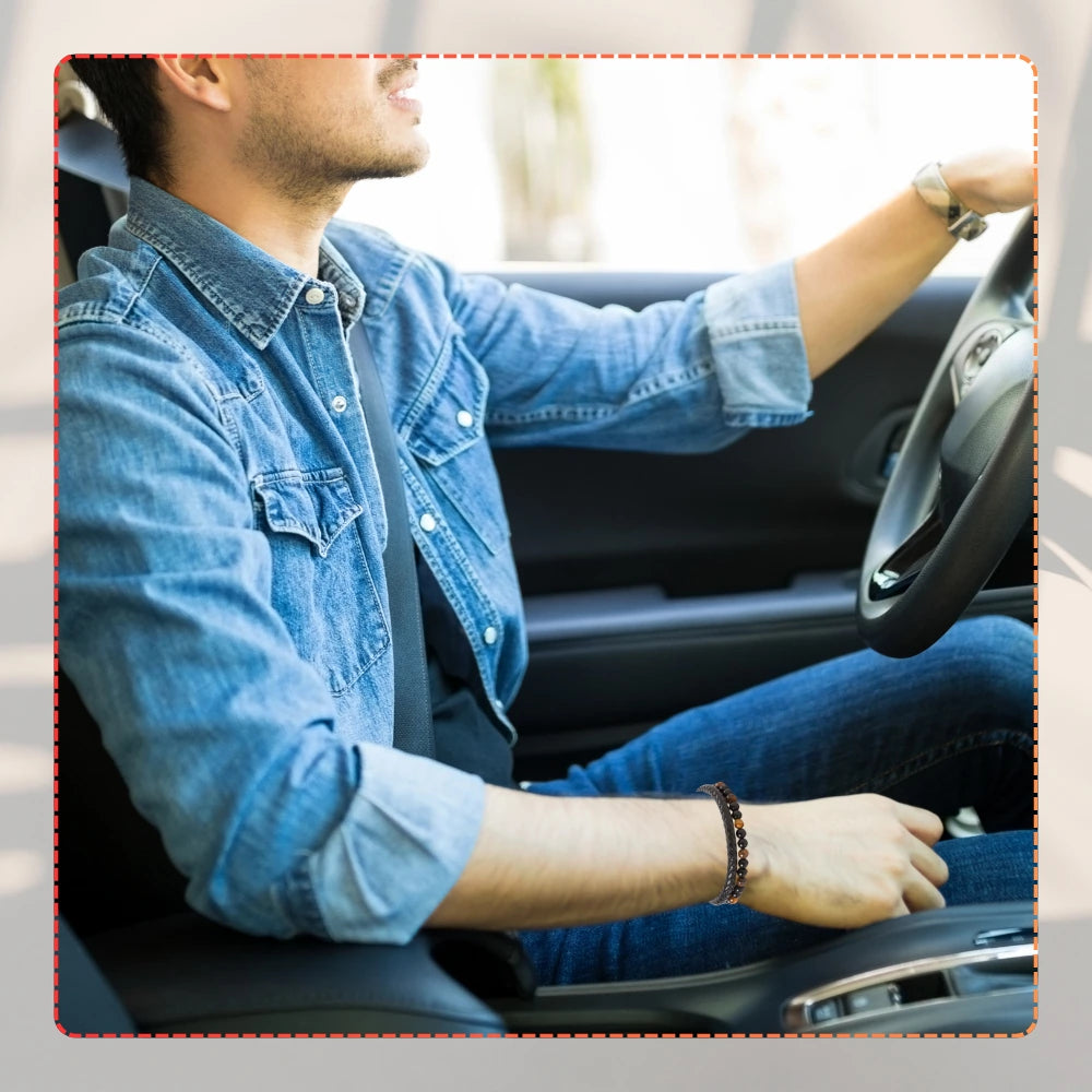 Vīriešu ādas rokassprādze ar dabīgiem akmeņiem (melna/brūna), magnēts