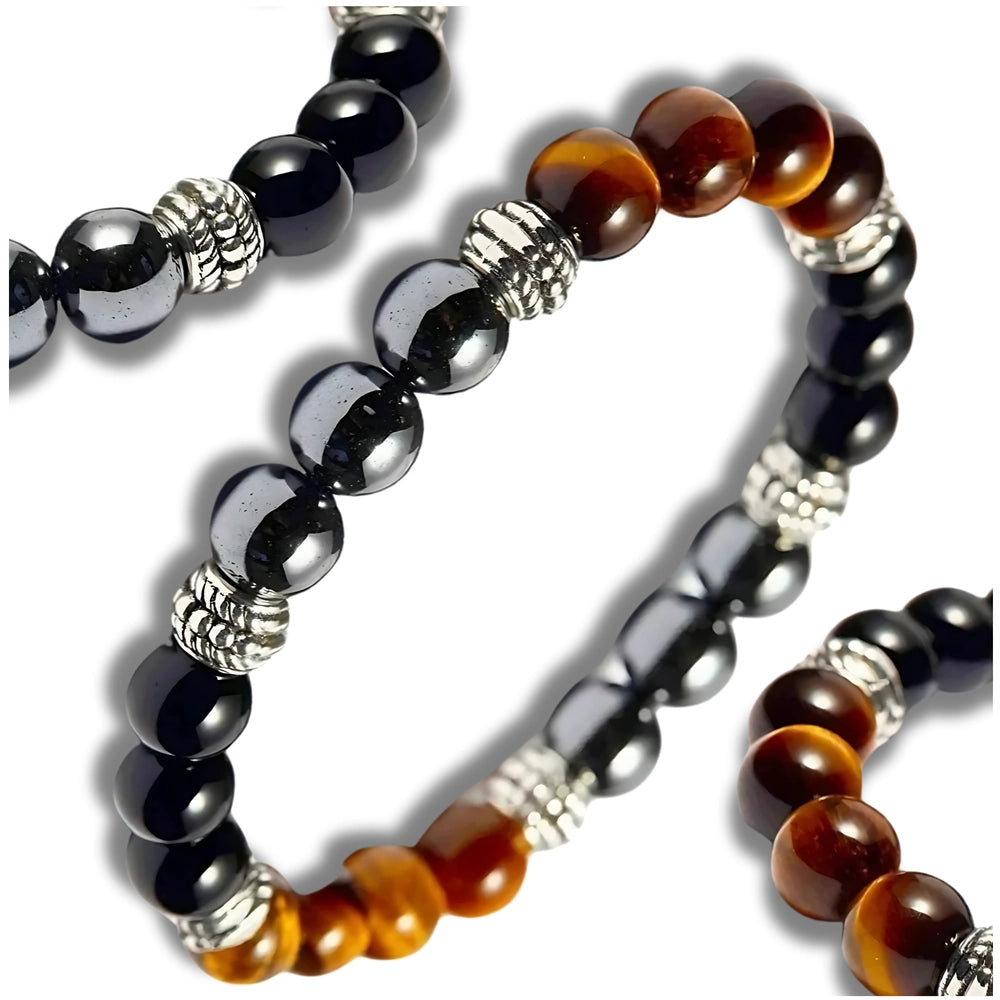 Aizsargājoša aproce: hematīts, tīģera acs un melnais obsidiāns