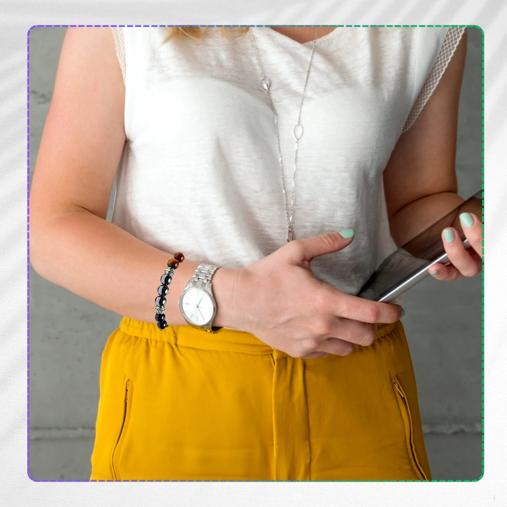 Aizsargājoša aproce: hematīts, tīģera acs un melnais obsidiāns