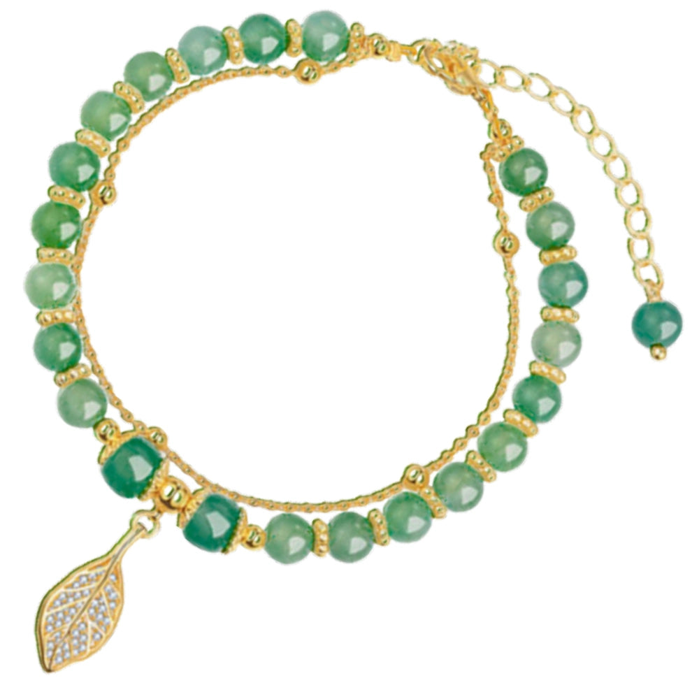 Dubultā rokassprādze ar zaļām pērlītēm un lapu kulonu