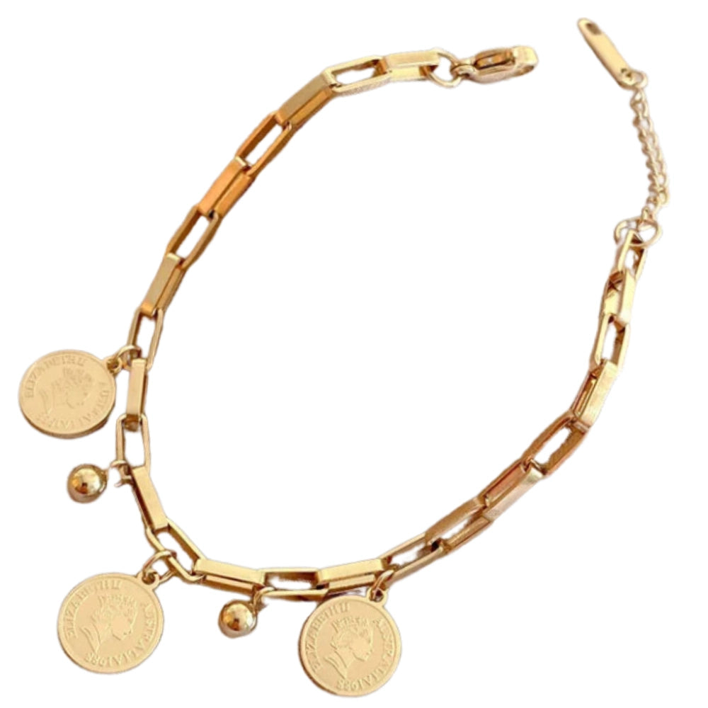 Zelta rokassprādze ar monētu kuloniem, ķirurģiskais tērauds