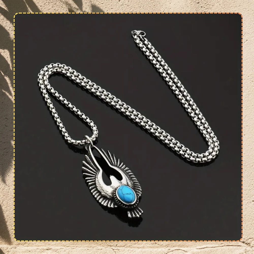 Nerūsējošā tērauda kaklarota ar ērgļa kulonu un tirkīza akmeni