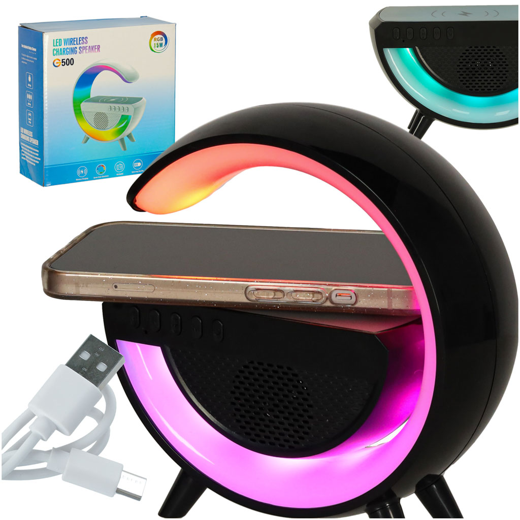 LED RGB spēļu lampa ar skaļruni un bezvadu lādētāju, melna