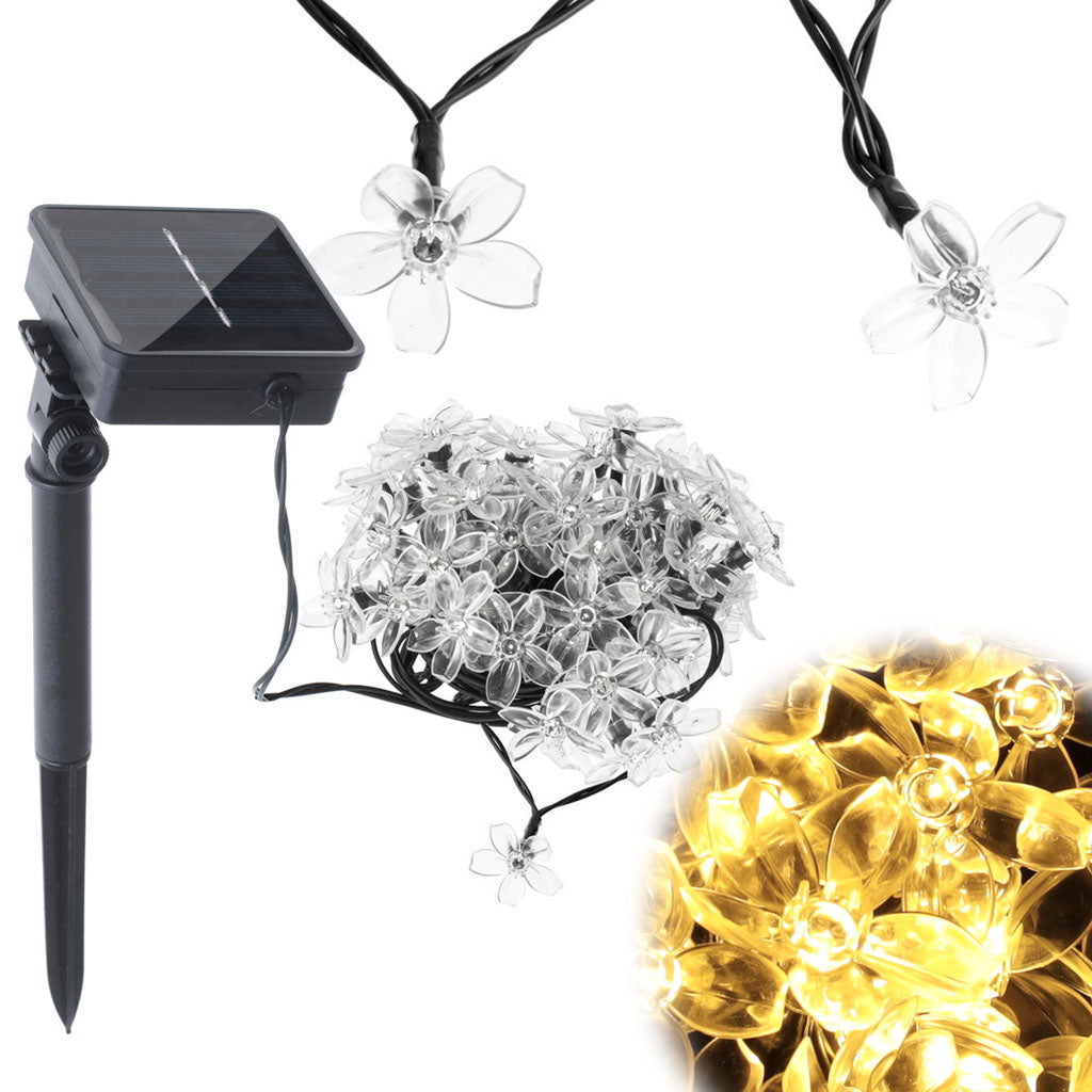 Dārza saules lampas ziediem 7m 50LED silti baltas