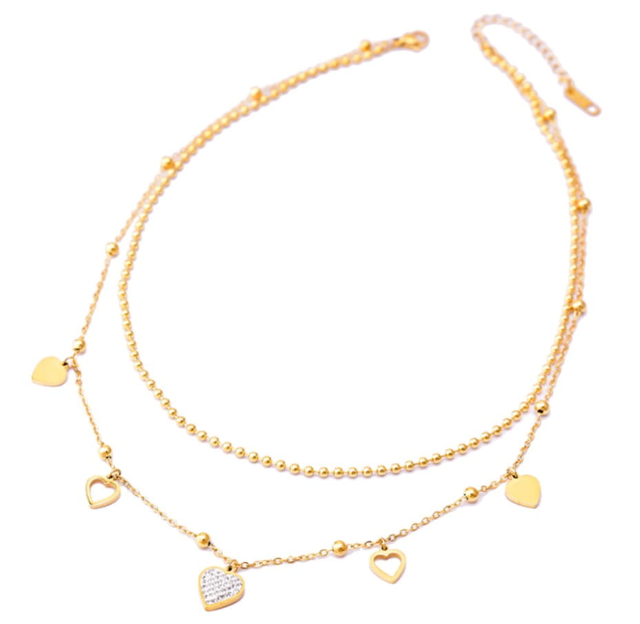 Apzeltīta tērauda kaklarota ar sirds formas kulonu un cirkoniem