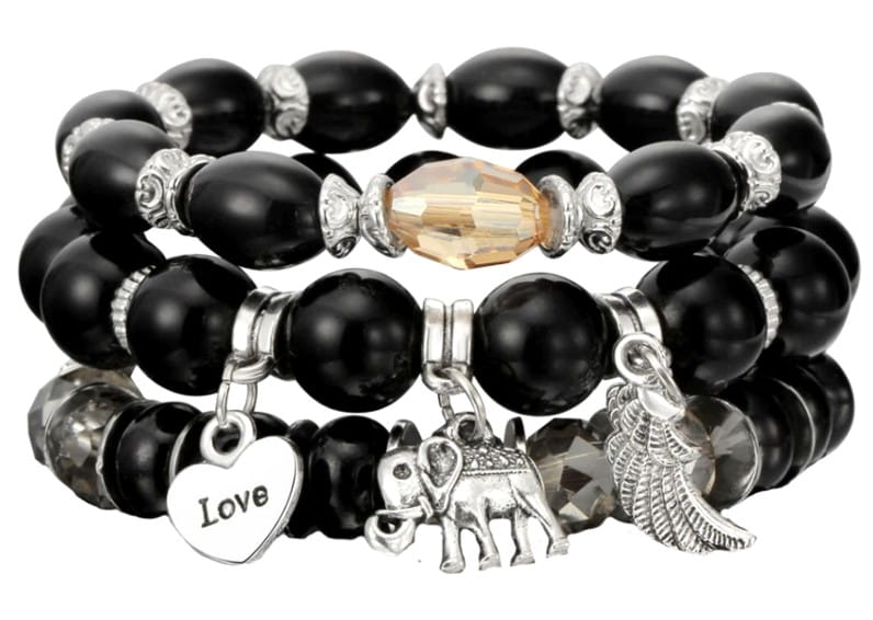 Rokassprādzes komplekts ar pērlēm un kuloniem: spārns, mīlestība, zilonis