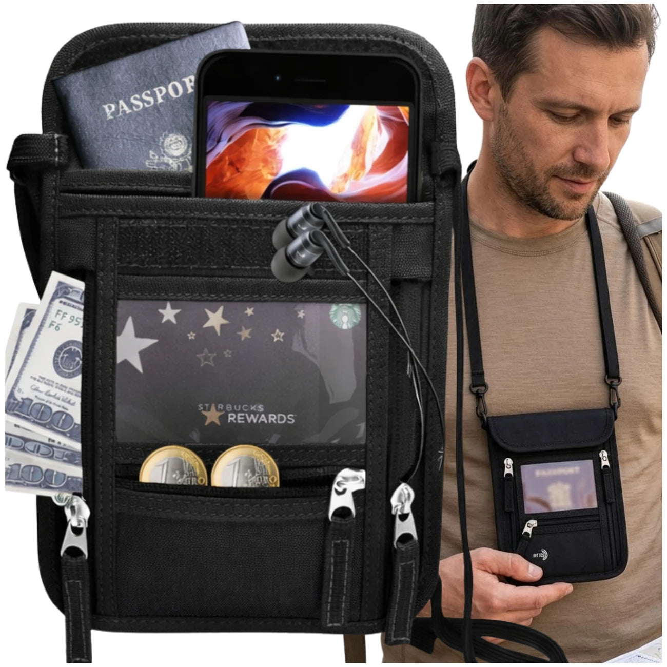 RFID pases maciņš – krūšu soma, melns