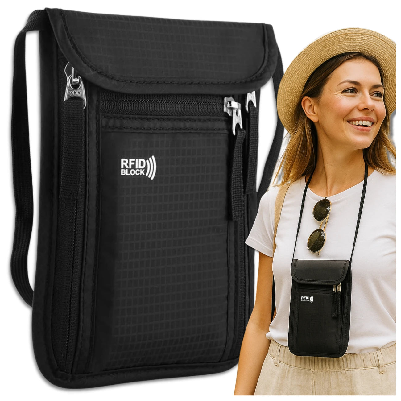 Kelioninė kaklo piniginė juoda RFID 15 x 19 cm D35