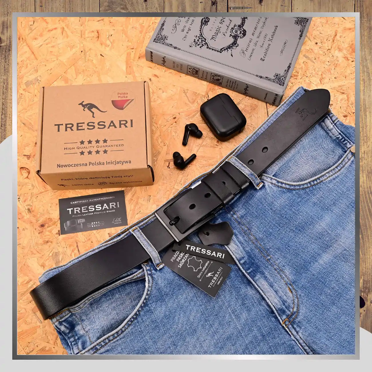 Vīriešu ādas josta, melna, 120 cm, TRESSARI T57