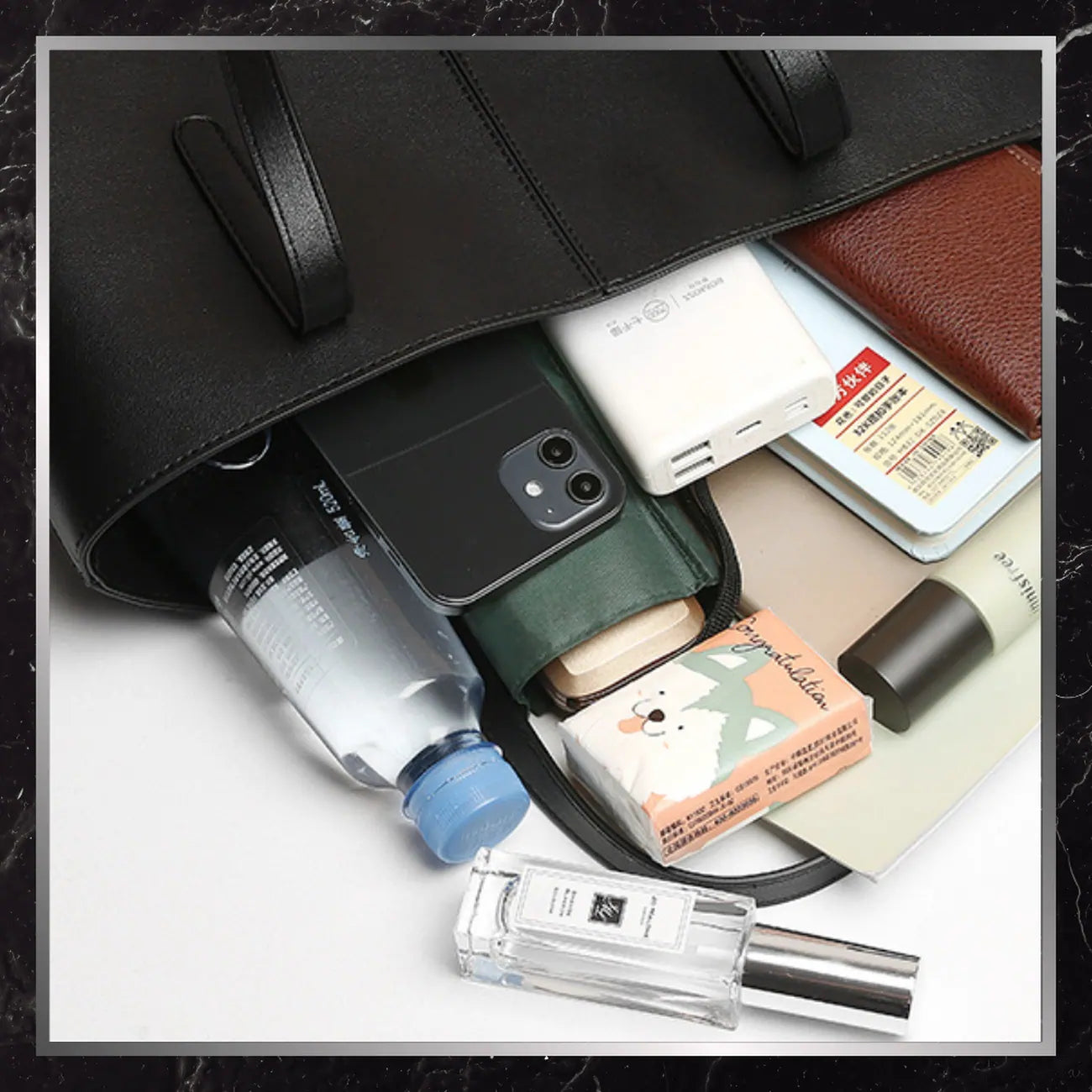 Sieviešu ādas rokassoma, melna, iepirkšanās tipa