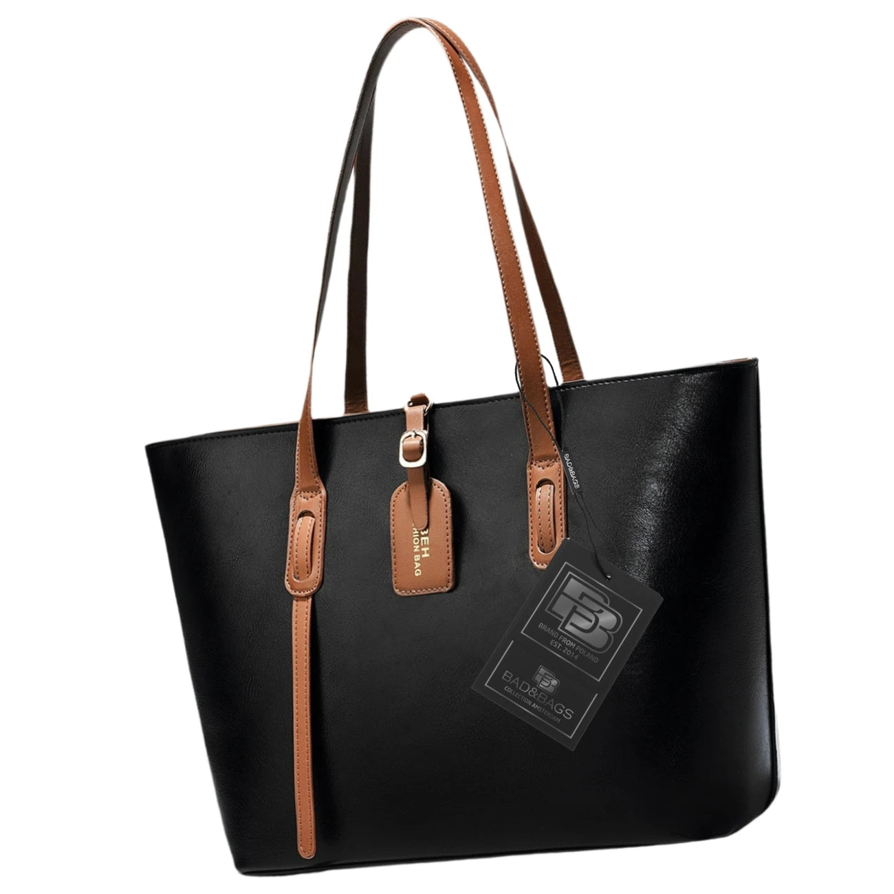 Sieviešu ādas rokassoma BAD&BAGS, melna ar brūnām detaļām