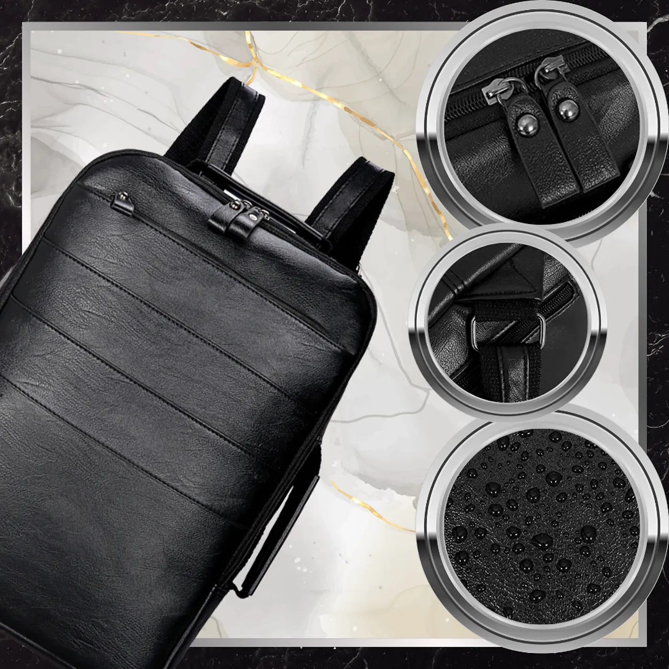 Vīriešu ādas mugursoma, melna, rokas bagāžai