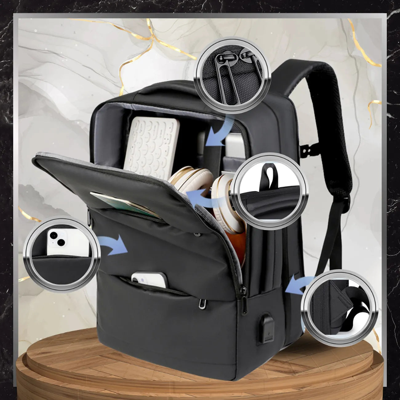 Ceļojumu mugursoma, melna, ar USB portu N487