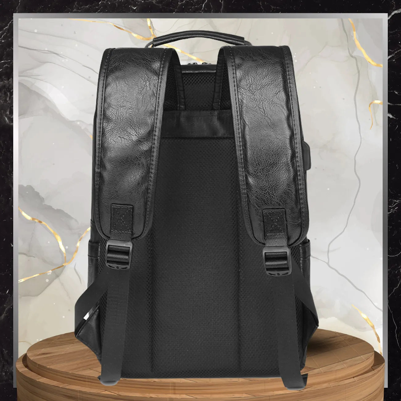 Ādas mugursoma, melna, ar USB portu