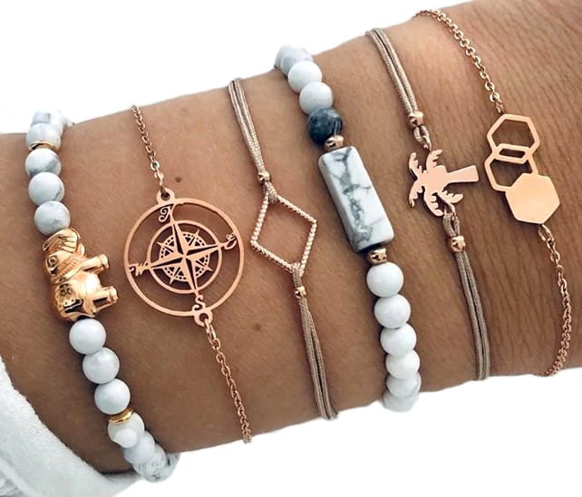 6 zelta un krēmkrāsas aproču komplekts ar ziloni un palmu