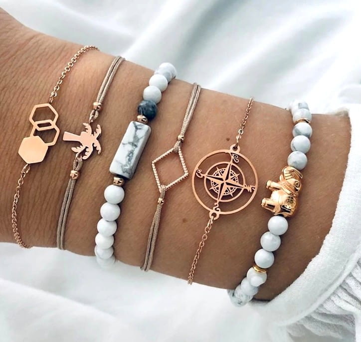 6 zelta un krēmkrāsas aproču komplekts ar ziloni un palmu