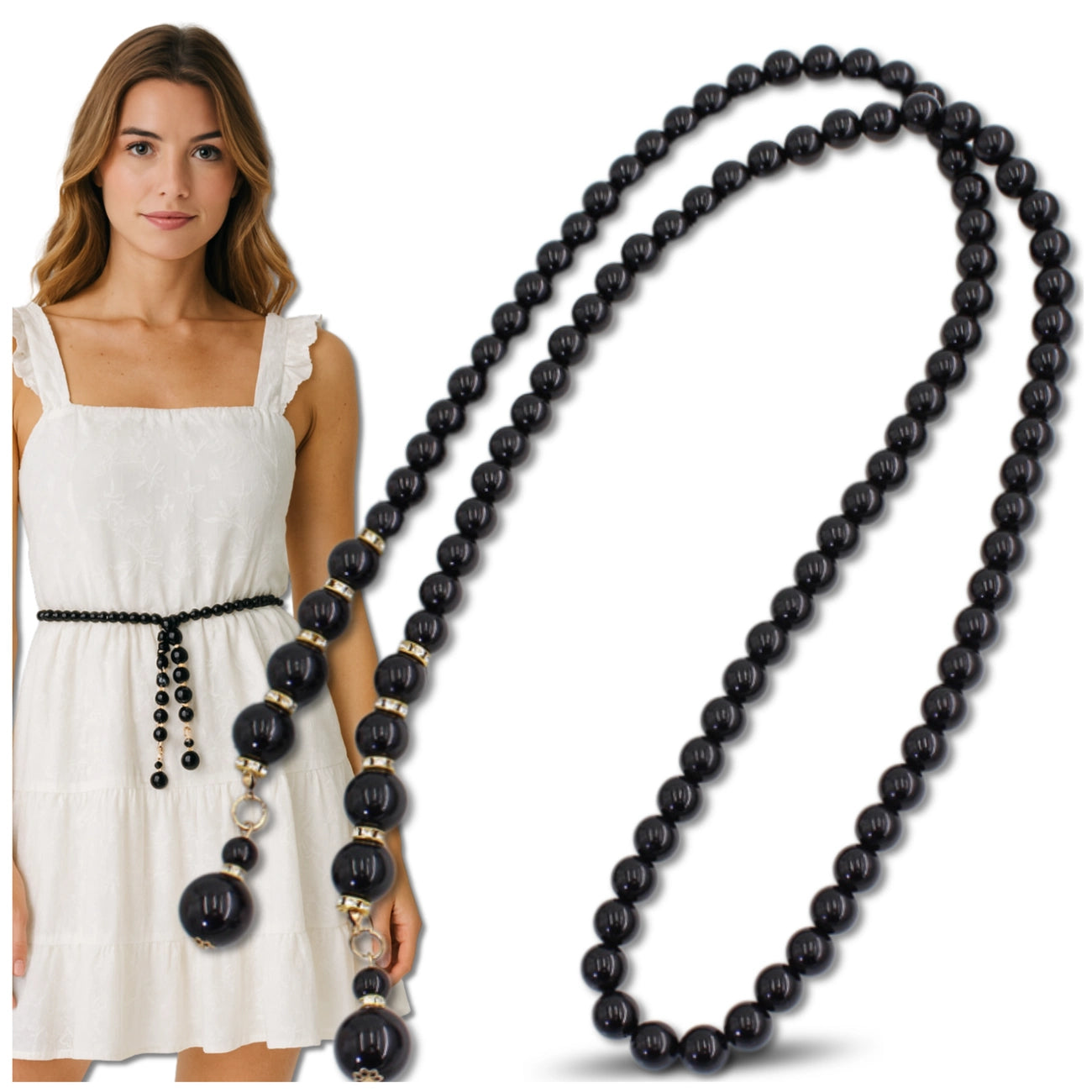 Moteriškas perliukų diržas juodas, rišamas D31