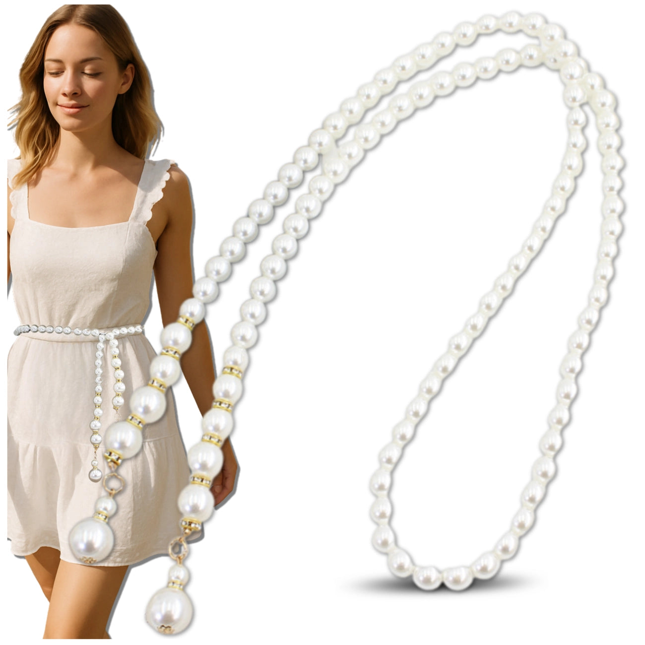 Moteriškas baltas perlinis rišamas diržas D32