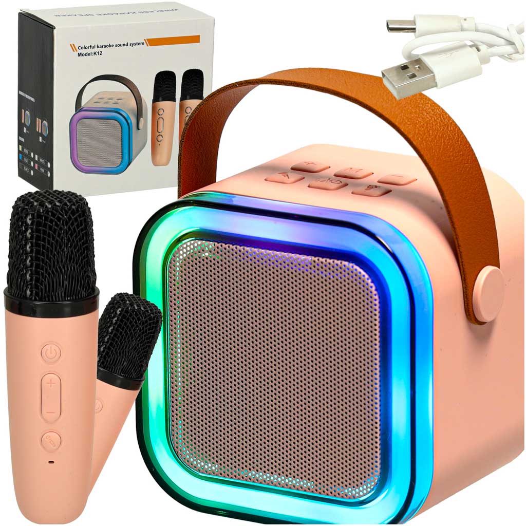 Karaoke komplekts: 2 mikrofoni + pārnēsājams skaļrunis, Bluetooth, USB, LED, rozā