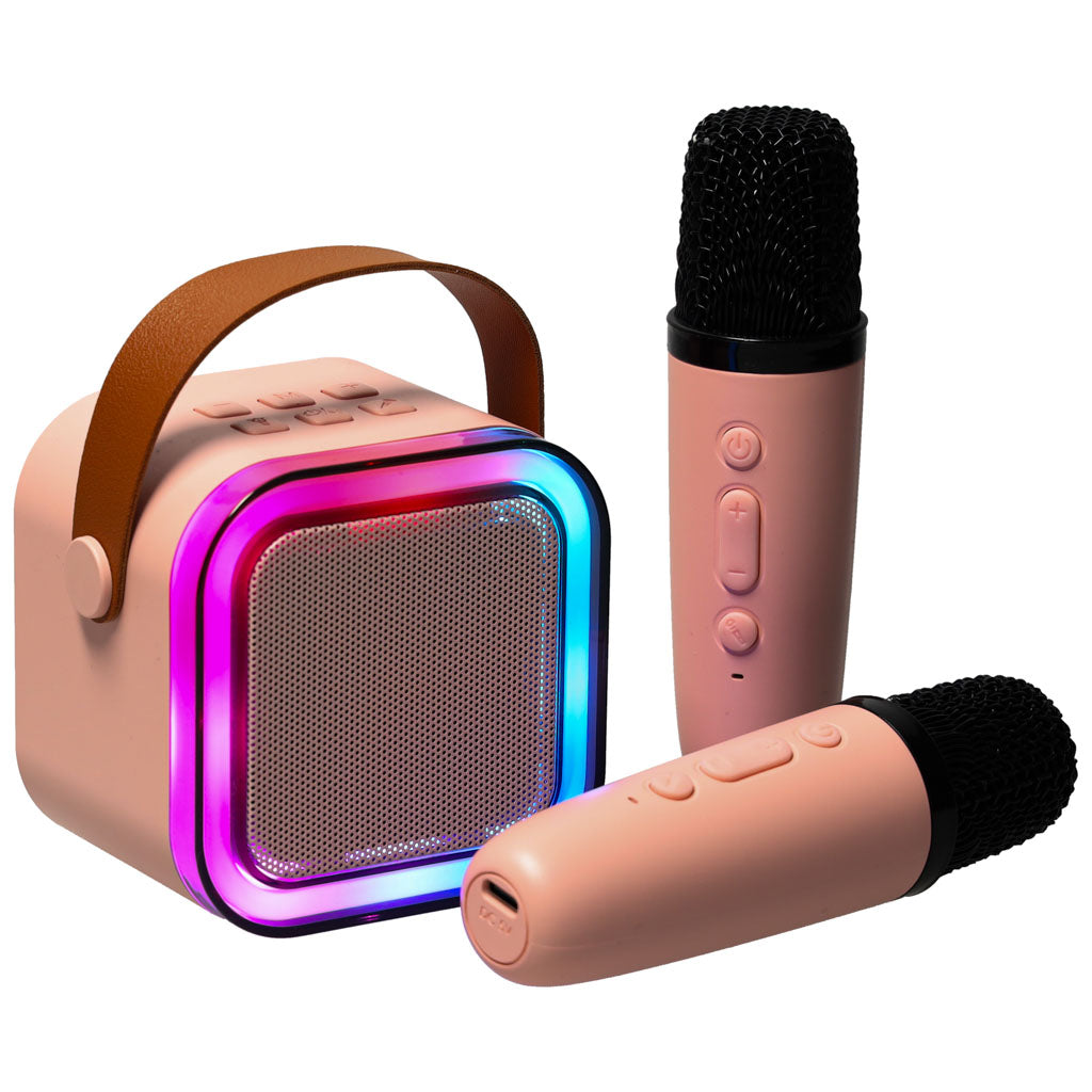 Karaoke komplekts: 2 mikrofoni + pārnēsājams skaļrunis, Bluetooth, USB, LED, rozā