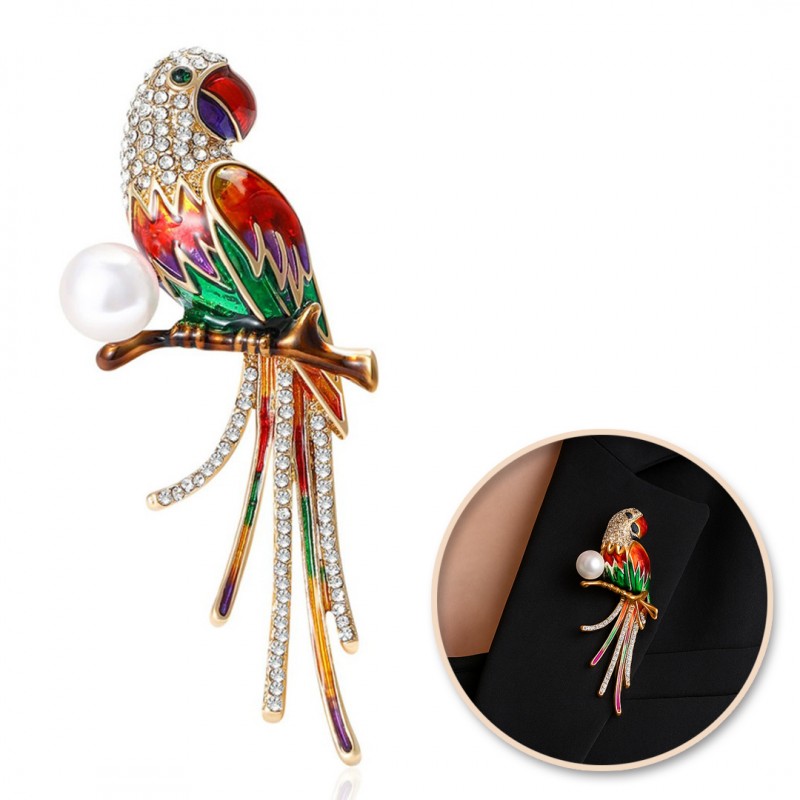 Dekoratīvā piespraude "Papagailis" ar cirkoniem un pērli (BZ221)