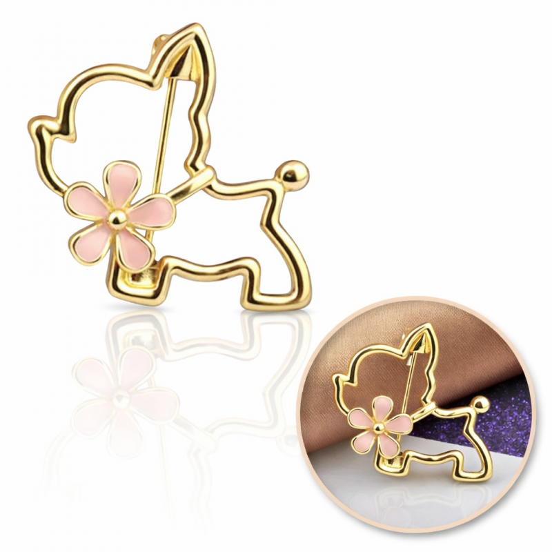 Dekoratīva emaljēta piespraude "Suns ar ziedu" (BZ210)