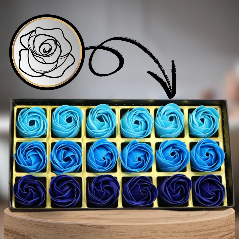 Dekoratīvas ziepju rozes, 18 gab., zilas, dāvanu komplekts