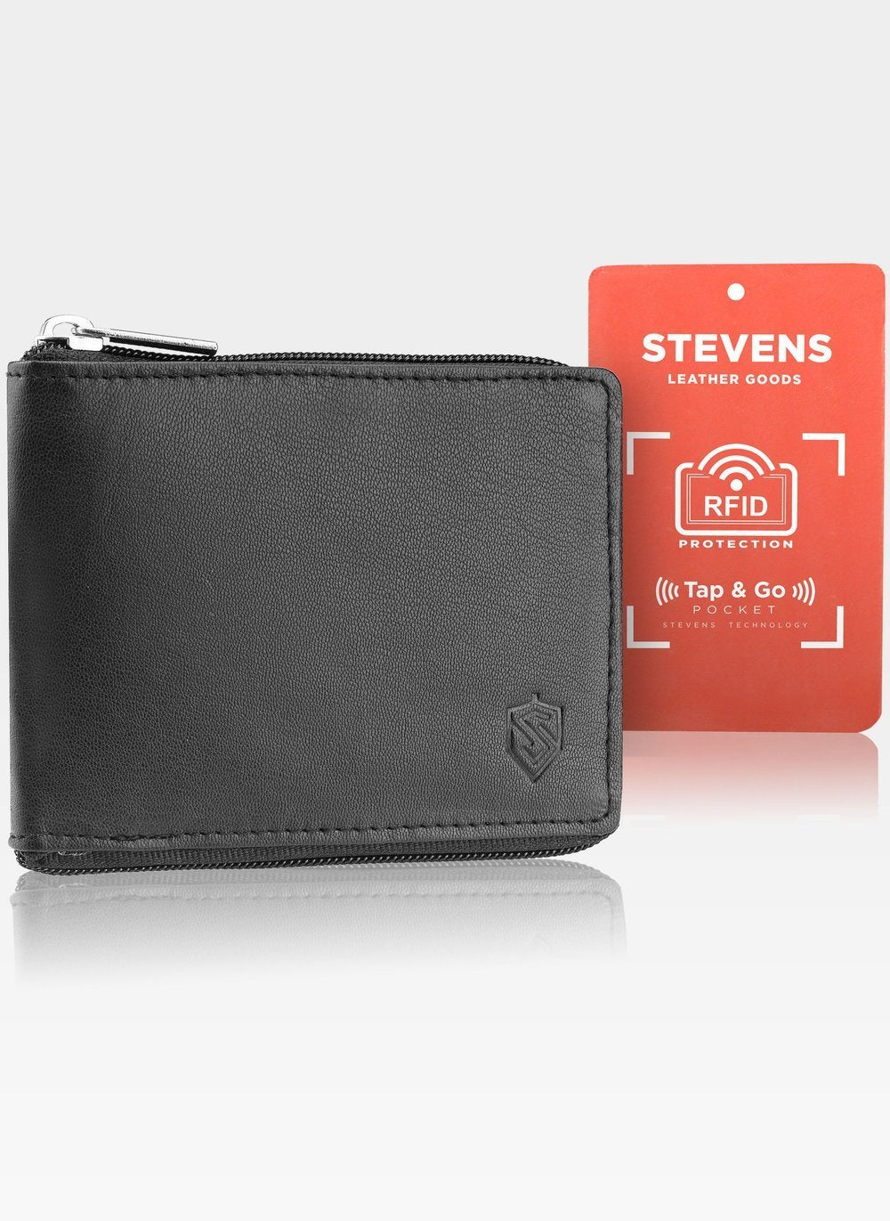 Liels vīriešu melns ādas maks STEVENS ar RFID aizsardzību un TAP & GO rāvējslēdzēju S1131