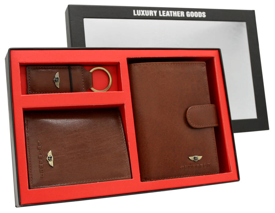 Dāvanu komplekts: vīriešu ādas maks, maciņš un atslēgu piekariņš - Peterson P21