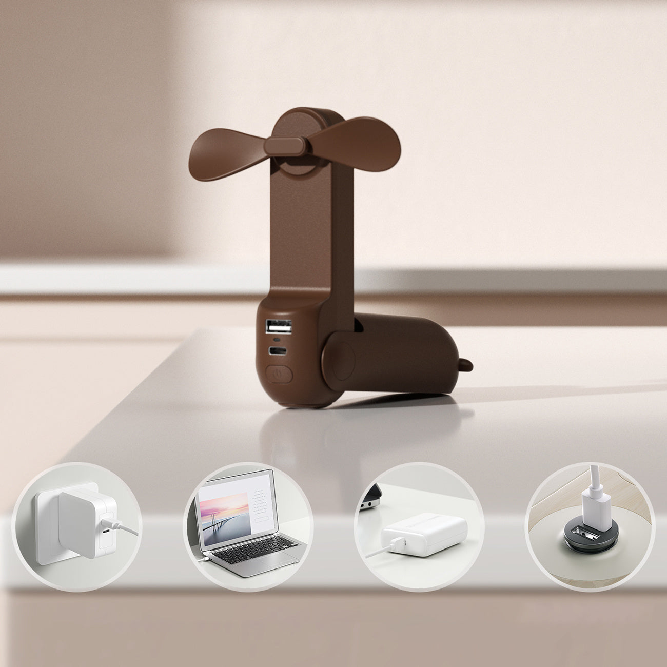 Jisulife pārnēsājamais ventilators ar akumulatoru un lukturīti - brūns